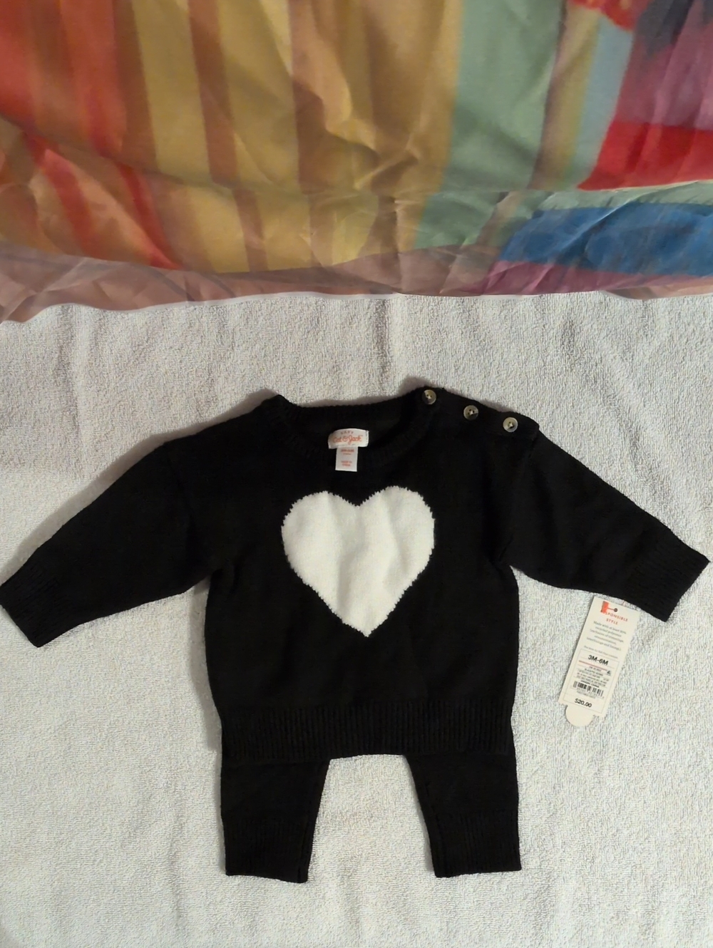 Black Knit Baby Sweater With White Heart & Pants Set. 3-6 Months